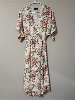 1. State Cream Floral Wrap Midi Dress with Pink, Yellow and Green Print